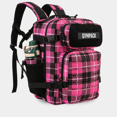 Mochila Gympack Pro 25L Rosa Xadrez - Vista diagonal mostrando compartimentos